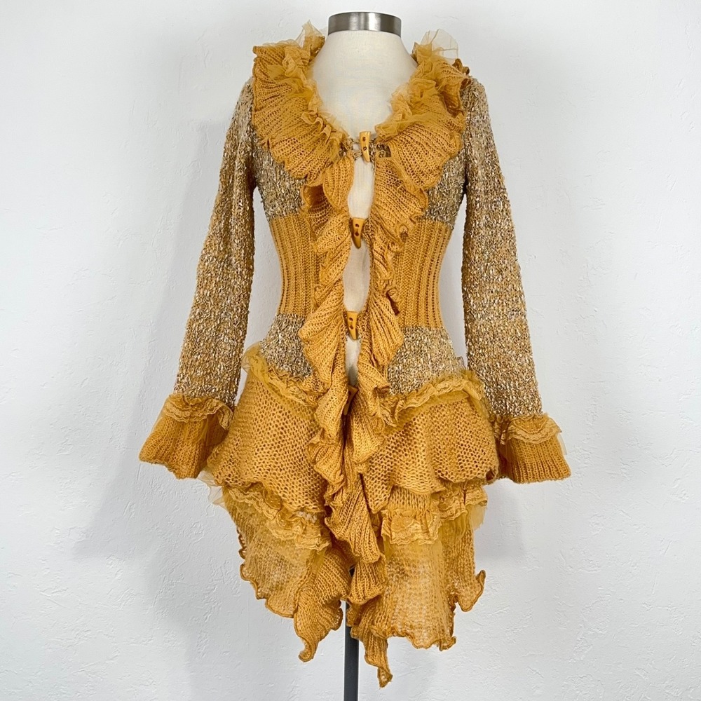 Penny Lane Boho Fairy Whimsigoth Cardigan Size Small Gold Ruffle Layer Longline